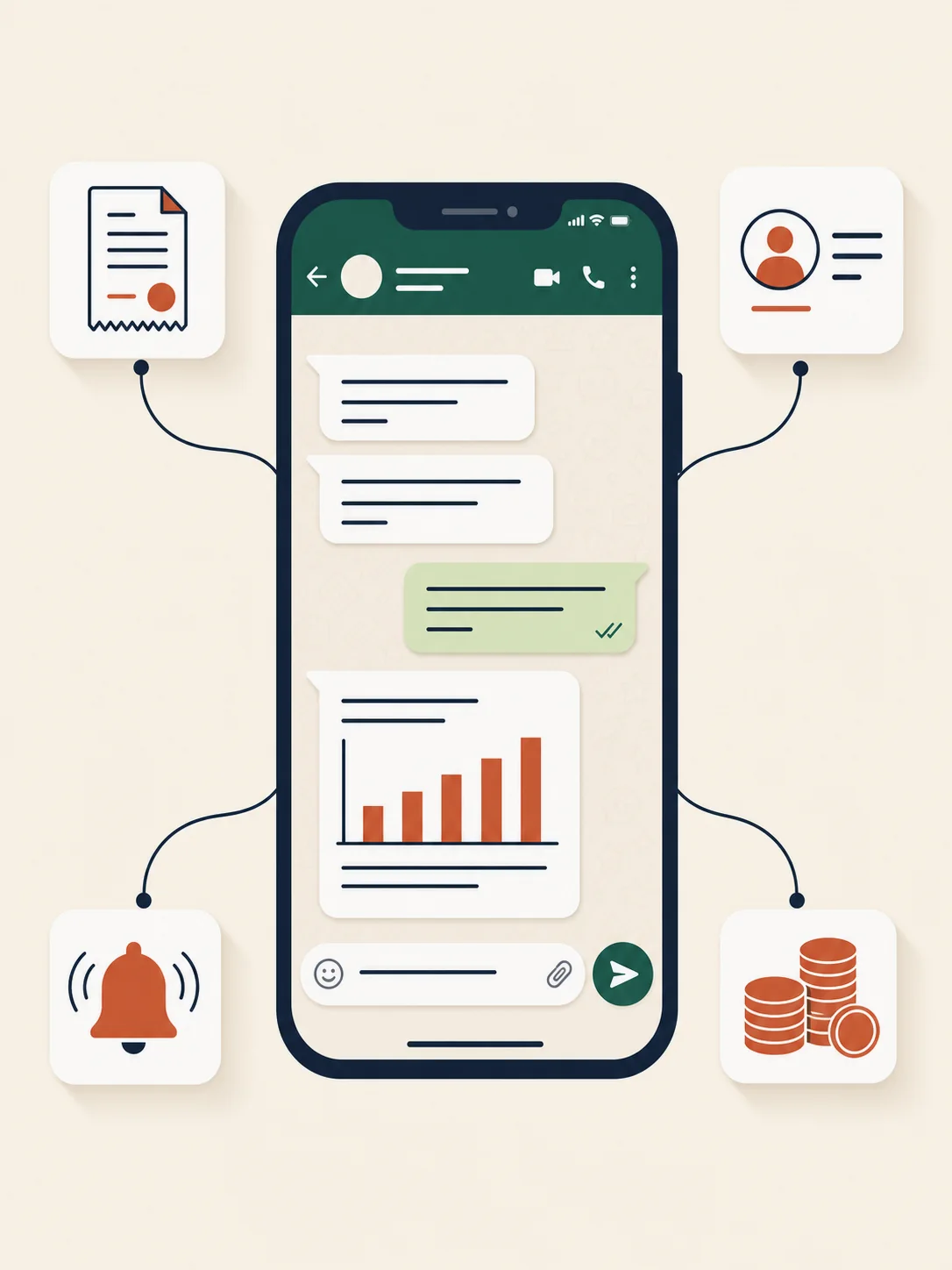 Votre entreprise vous répond sur WhatsApp : une facture, un client, une alerte et l'état de la trésorerie réunis dans une conversation